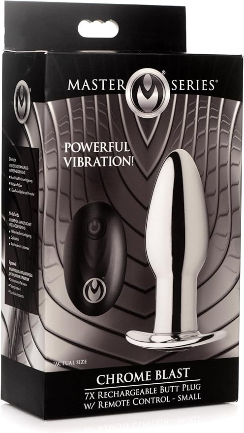 Master Series Chrome Blast Small 7X Vibrating Metal Anal Plug with Remote Control for Women, Men, & Couples, Anal & Prostate Massager Adult Toy, Rechargeable Aluminum Butt Plug, Powerful Vibration